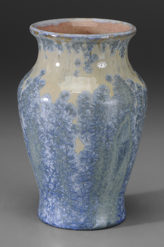 For the Pisgah Forest Pottery, Walter B. Stephen developed a successful crystalline glaze, which he used on a variety of vases and tea wares fired in the 1930s and 1940s. This blue on cream vase will be offered in Brunk’s Sept. 24-25 sale – estimate $500-$1,000. Image courtesy of Brunk Auctions, Asheville, N.C.